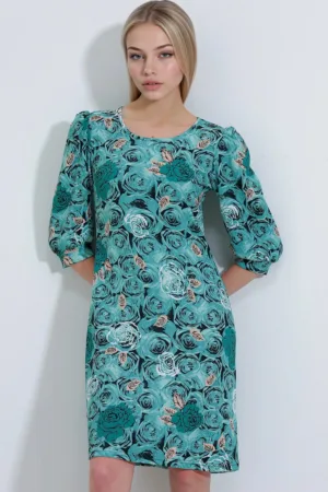 Rochie midi  cu broderie florala - maneci trei sferturi - poliester-lycra - Albastru pudra -