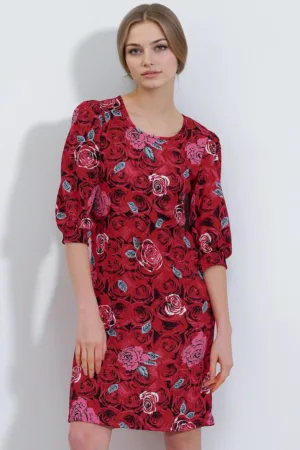 Rochie midi HiCCUP cu broderie florala - maneci trei sferturi - rosu - jerseu