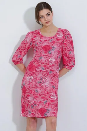 Rochie midi HiCCUP cu broderie florala - maneci trei sferturi - roz - jerseu/lycra