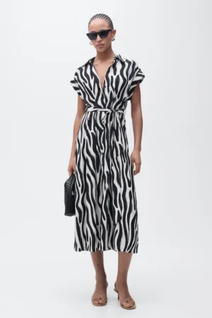 Rochie midi cu cordon in talie si imprimeu