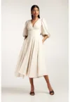 Rochie midi cu croiala in A - din amestec de bambuc - cu maneci bufante
