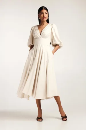 Rochie midi cu croiala in A - din amestec de bambuc - cu maneci bufante