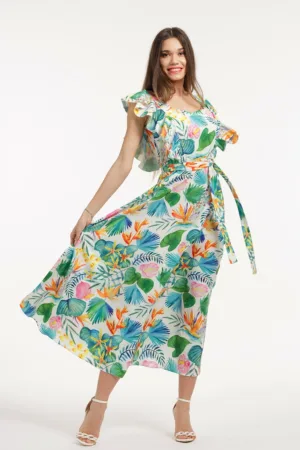 Rochie midi cu croiala in A - model si cordon in talie
