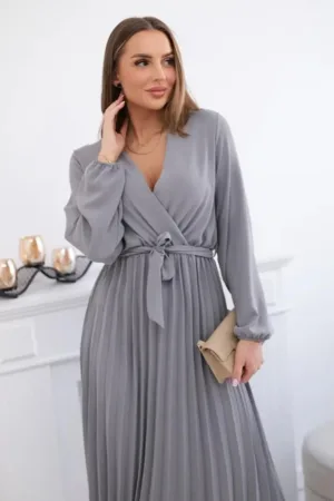 Rochie midi cu croiala petrecuta - maneci lungi si pliuri -