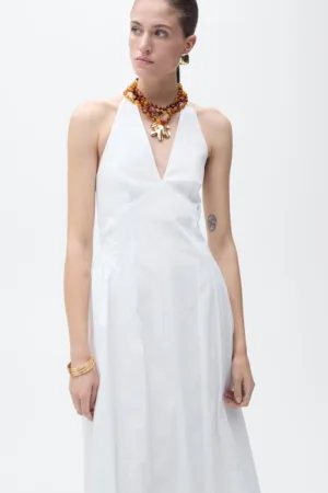 Rochie midi cu decolteu halter si croiala in A - Alb optic -