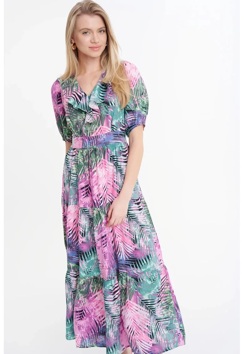 Rochie midi cu decolteu in V - model si maneci scurte