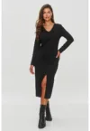 Rochie midi cu decolteu in V si crapatura frontala