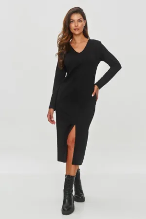 Rochie midi cu decolteu in V si crapatura frontala