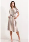 Rochie midi -  cu decolteu in V si funda - viscoza - Bej Natural -