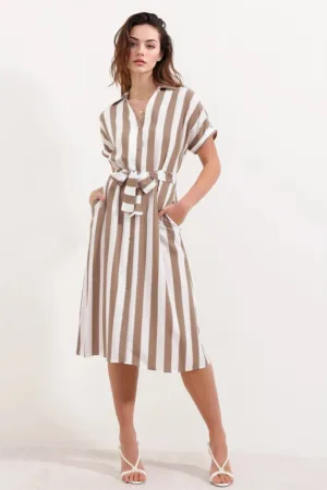 Rochie midi -  cu decolteu in V si funda - viscoza - Bej Natural -