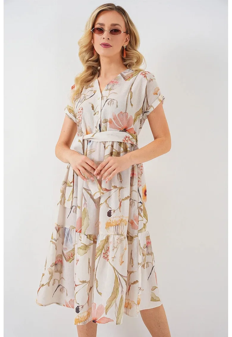 Rochie midi HiCCUP cu decolteu in V si funda - bej - viscoza si in