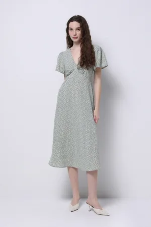 Rochie midi cu decolteu in V si maneci cu volane
