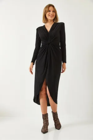 Rochie midi  cu decolteu in V - volane - negru - bumbac -