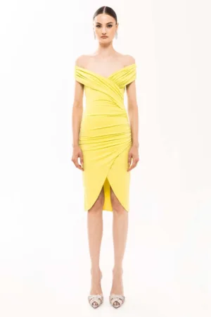 Rochie midi cu decolteu pe umeri si aspect drapat
