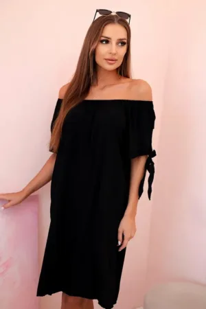Rochie midi cu decolteu pe umeri si funda -