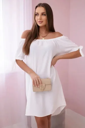 Rochie midi cu decolteu pe umeri si funde decorative -