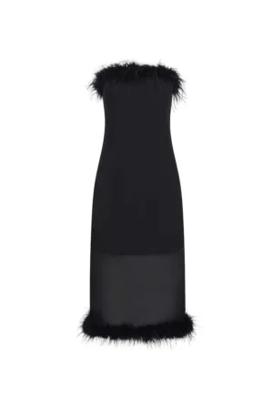 Rochie midi cu decolteu pe umeri si garnituri cu pene de strut