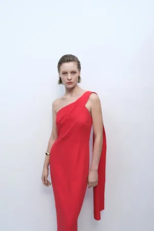 Rochie midi cu decolteu pe un umar si funda