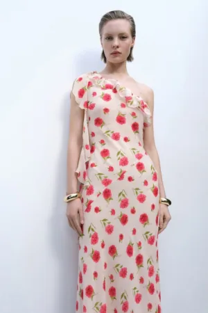 Rochie midi cu decolteu pe un umar si volane