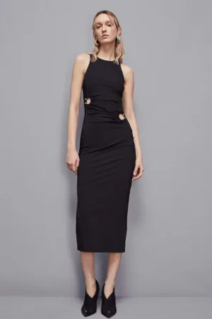 Rochie midi cu detalii metalice in talie