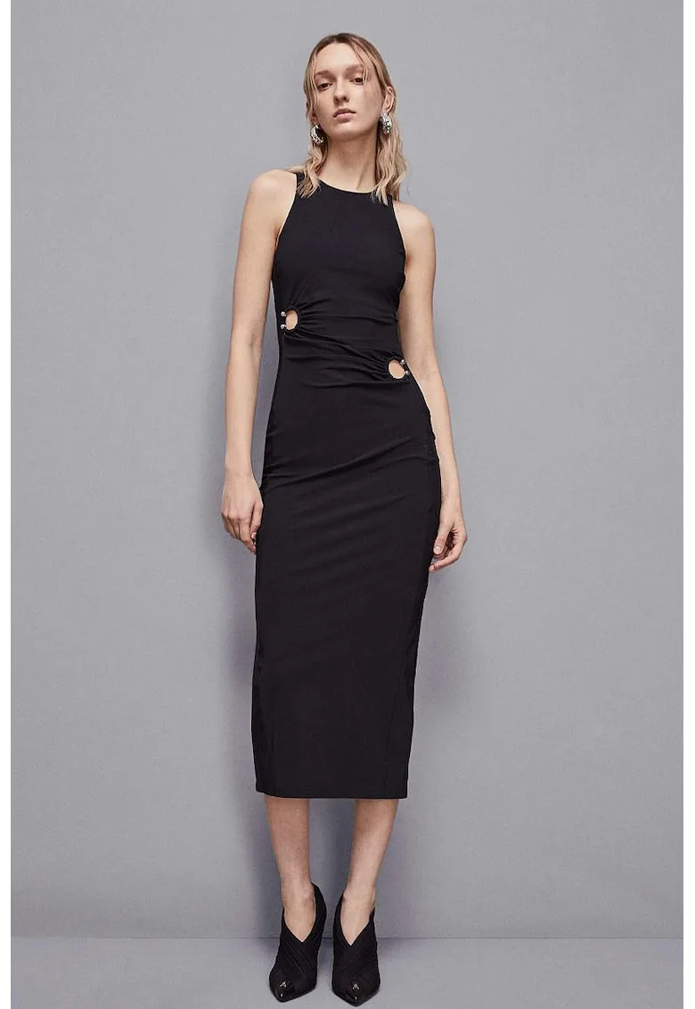 Rochie midi cu detalii metalice in talie