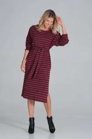 Rochie midi cu dungi - maneci lungi - visiniu - poliester -