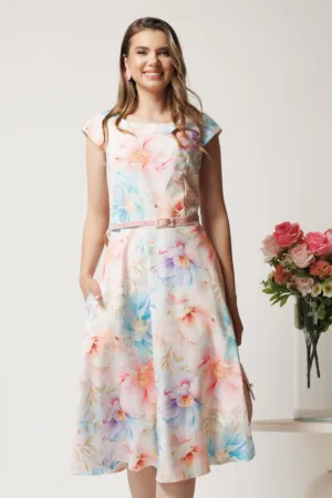 Rochie midi cu flori pastelate in clos cu buzunare si curea in talie