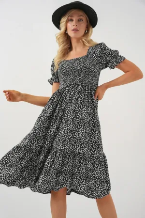 Rochie midi HiCCUP cu guler patrat - model floral - negru - viscoza