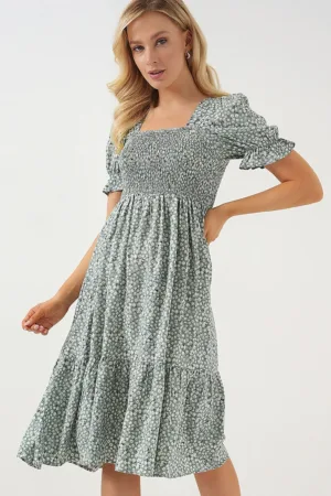 Rochie midi HiCCUP cu guler patrat - model floral - verde - textil - material subtire si respirabil