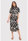 Rochie midi cu imprimeu abstract - Negru/Crem - DA1728 BLACK/CREAM