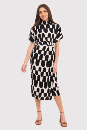 Rochie midi cu imprimeu abstract - Negru/Crem - DA1728 BLACK/CREAM