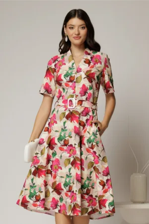 Rochie midi cu imprimeu floral in nuante de fucsia si bej
