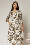 Rochie midi cu imprimeu floral in nuante de kaki si orange