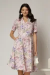 Rochie midi cu imprimeu floral in nuante de roz si lila