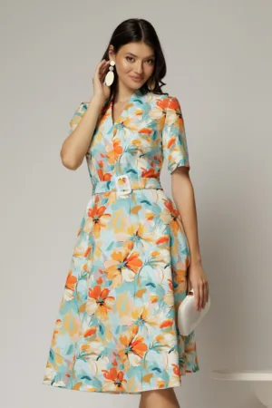 Rochie midi cu imprimeu floral in nuante de turcoaz si orange