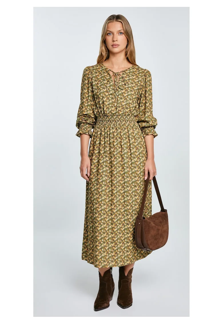 Rochie midi cu imprimeu floral si decolteu in V