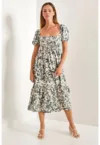 Rochie midi  cu imprimeu floral și guler pătrat