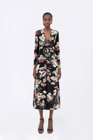 Rochie midi cu imprimeu si aplicatii floare