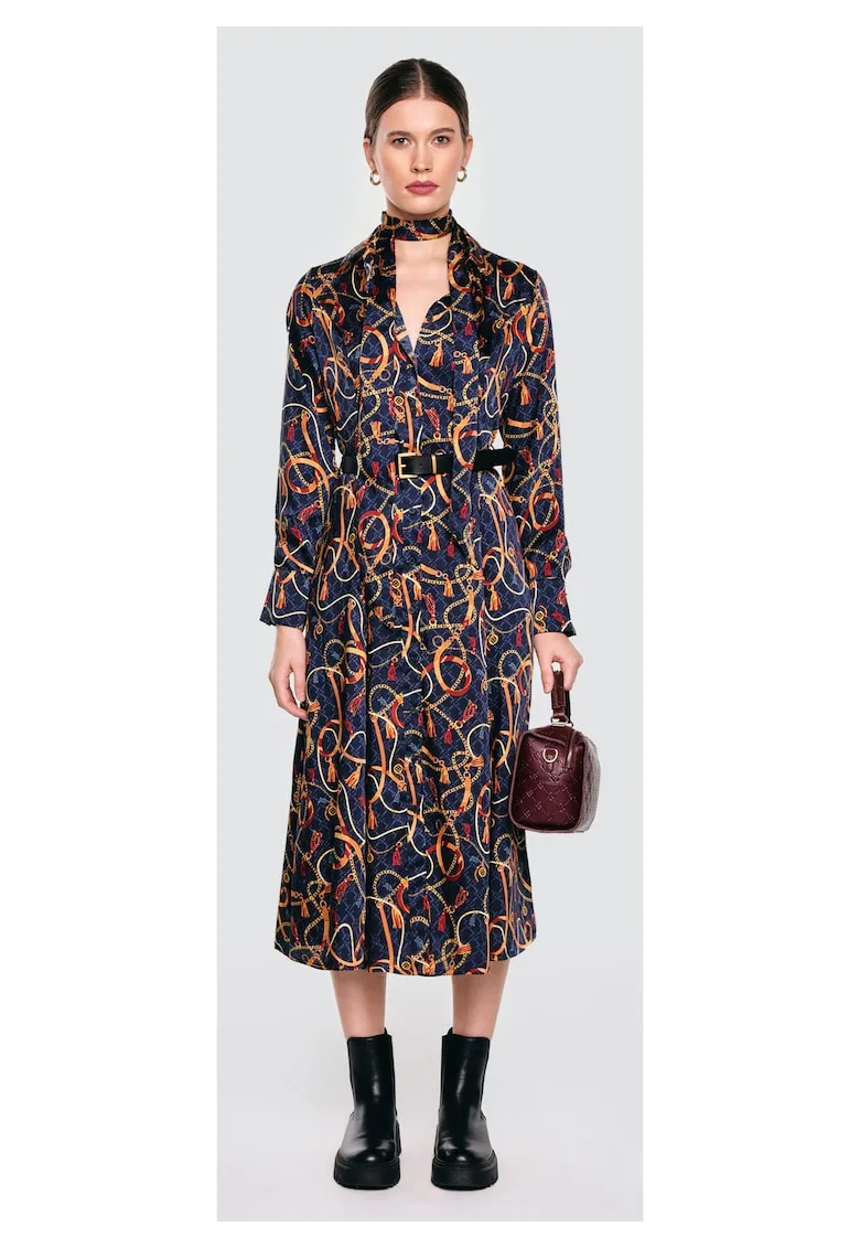 Rochie midi cu imprimeu si cordon in talie Umi