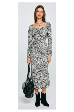 Rochie midi cu imprimeu si decolteu patrat Kiara