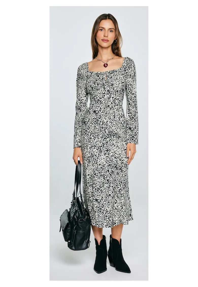 Rochie midi cu imprimeu si decolteu patrat Kiara