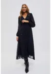 Rochie midi  cu imprimeu frunze albastre - maneci bufante - neagră -