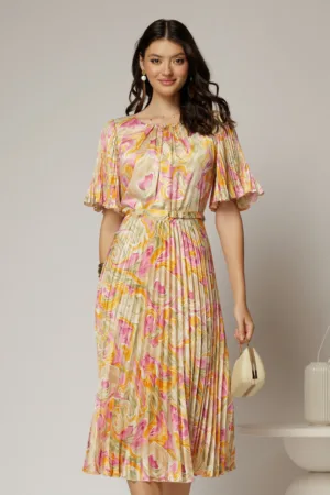 Rochie midi cu imprimeuri oranj din satin plisat si maneci scurte evazate