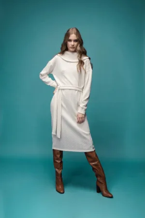Rochie midi cu maneci cazute si cordon Elvi - Alb