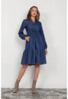 Rochie midi cu maneci lungi cu elastic si aspect de denim