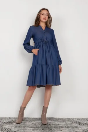 Rochie midi cu maneci lungi cu elastic si aspect de denim