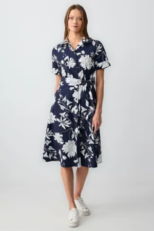 Rochie midi cu model floral si cordon in talie
