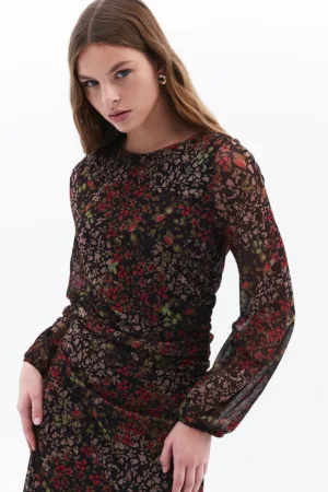 Rochie midi cu model floral si detaliu drapat