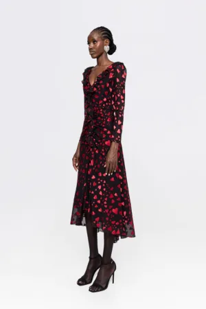 Rochie midi cu model inimi si decolteu in V