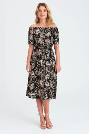 Rochie midi cu model si decolteu pe umeri